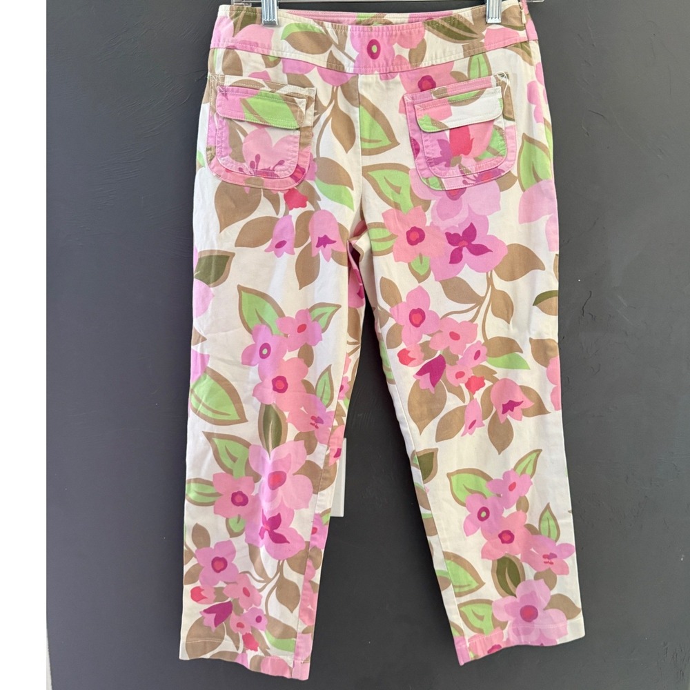 Loft 6 Floral Print Cropped Pants Pink Floral Botanical Side Zip Flap Pockets
